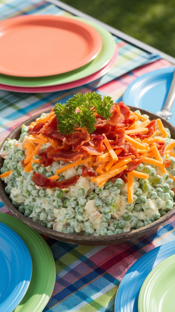 Creamy pea salad with bacon and cheese in a rustic bowl, garnished with parsley, on a picnic table.